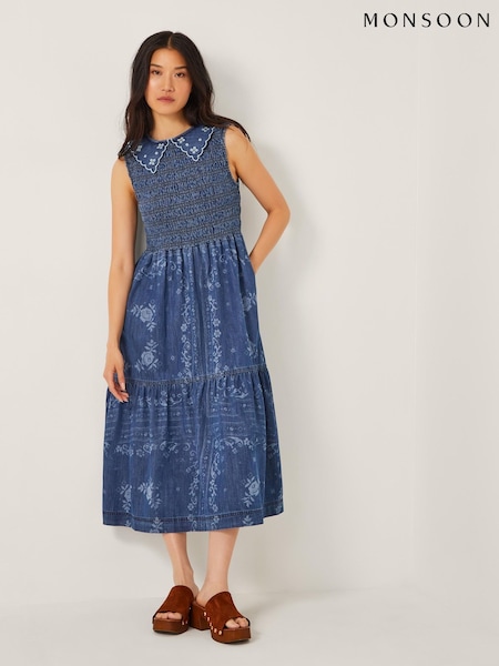Monsoon Blue Cecily Floral Smocked Denim Midi Dress (Y14362) | £85