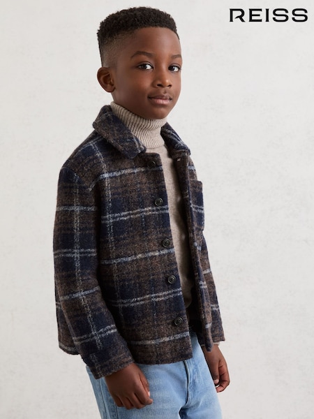 Reiss Navy/Blue/Brown Sam 9-13 yrs Button-Through Check Overshirt with Wool (Y14388) | £56