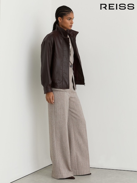 Reiss Grey Isla Petite Wide-Leg Textured Tailored Trousers (Y14396) | £160