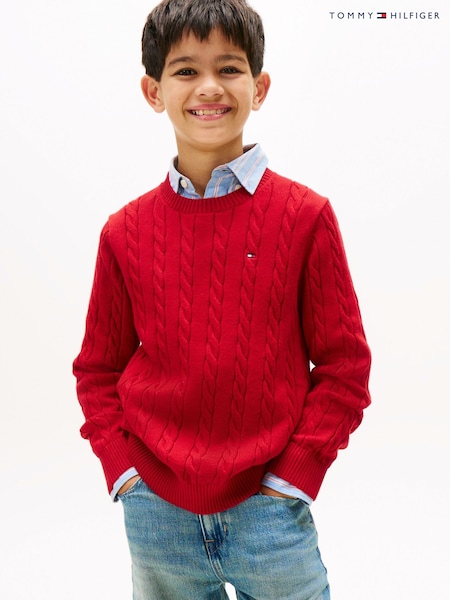 Tommy Hilfiger Red Cable Knit Crew Neck Jumper (Y14593) | £50 - £60