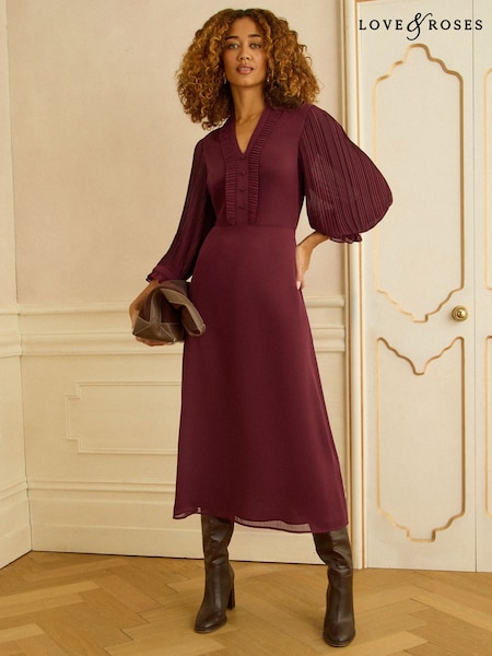Love & Roses Burgundy Red Pleated Detail Midi Dress (Y14620) | £66