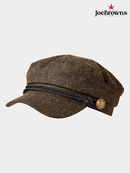 Joe Browns Brown Herringbone Tweed Peaked Cap with Button Detail (Y14809) | £30