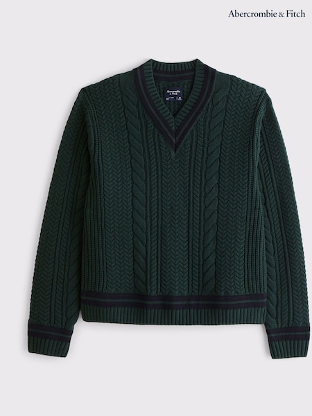 Abercrombie & Fitch Green Cable Knit Oversized Cricket V-Neck Jumper (Y15005) | £65