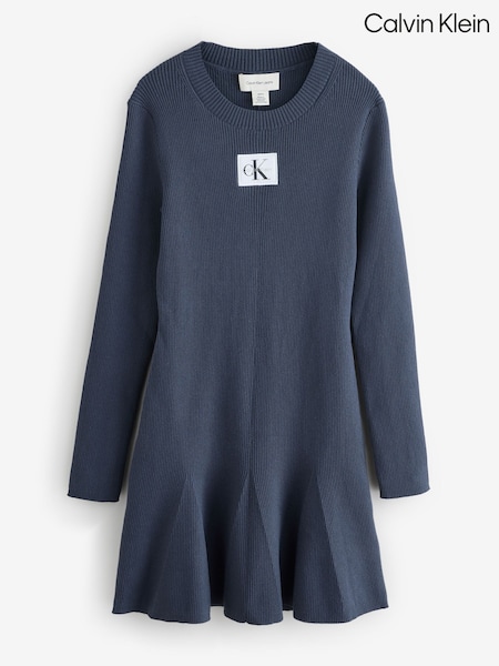 Calvin Klein Blue Cotton Knit Long Sleeve Mini Dress (Y15315) | £120