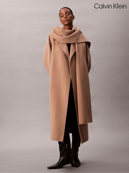 Calvin Klein Brown Wool Blend Scarf Coat (Y15330) | £410