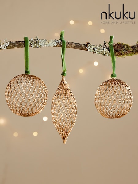 Nkuku Brass Nirav Wire Christmas Baubles (Y15392) | £25