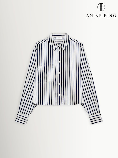 ANINE BING White Maritime Stripe Essie Cropped Shirt (Y15436) | £255