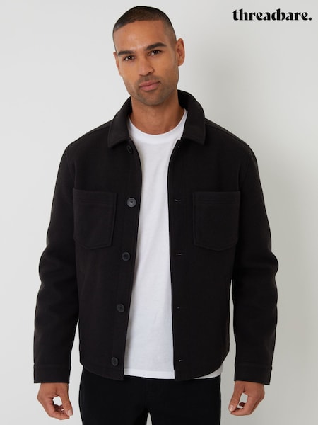Threadbare Black Faux Wool Button Up Quilted Shacket (Y15504) | £50