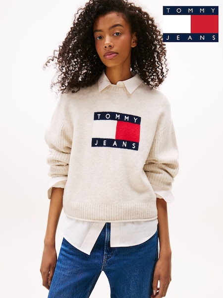 Tommy Jeans Cream Flag Relaxed Mélange Jumper (Y15553) | £85