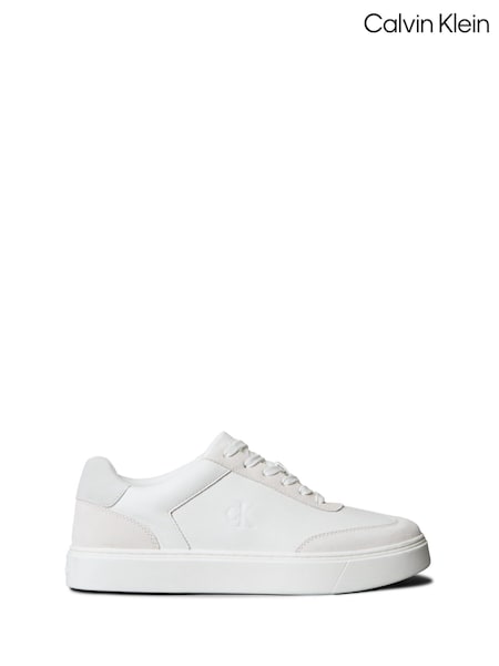 Calvin Klein White Cream Tumbled Leather Flexible Sole Trainers (Y15569) | £100
