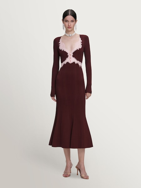 Self-Portrait Brown Contrast Lace Knit Midi Dress (Y15650) | £400
