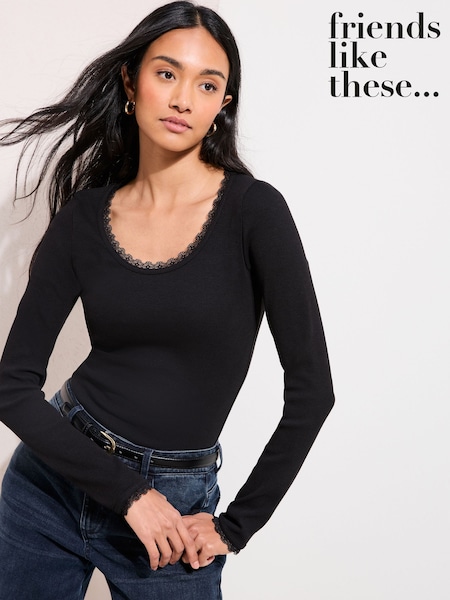Friends Like These Black Lace Trim Scoop Neck Top (Y15770) | £0