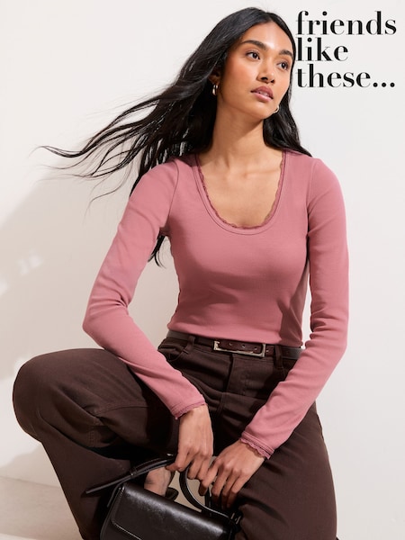 Friends Like These Blush Pink Lace Trim Scoop Neck Top (Y15771) | £19