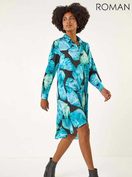 Roman Blue Abstract Print High Low Shirt Dress (Y15949) | £45