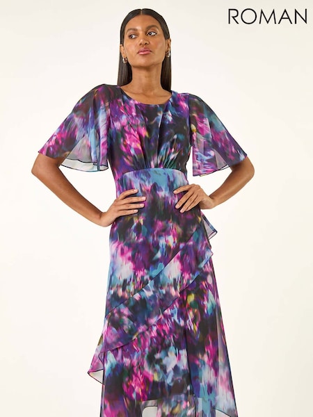 Roman Black Blurred Floral Frill Midi Dress (Y15982) | £70