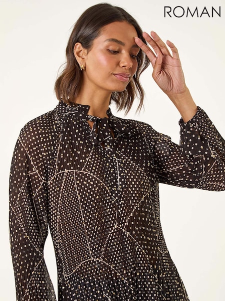 Roman Black Spot Print Tie Neck Pleated T-Shirt (Y15984) | £45
