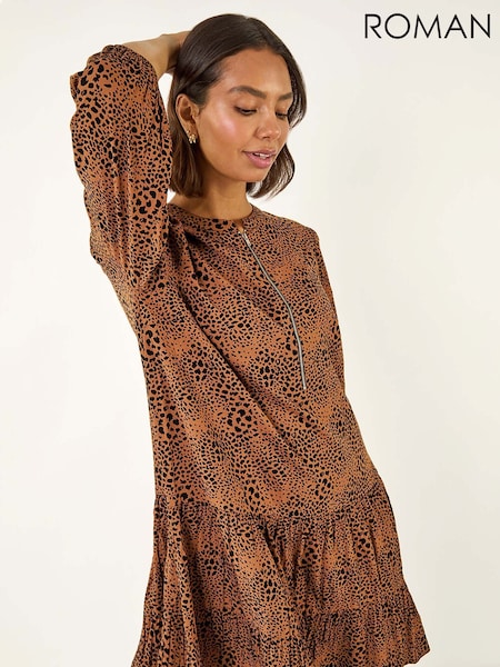 Roman Brown Spot Print Zip Front Dress (Y16004) | £45