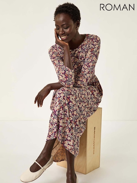 Roman Brown Multi Floral Gathered Midi Dress (Y16104) | £45