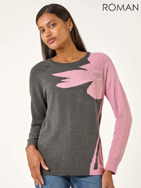 Roman Grey Floral Hotfix Knit Jumper (Y16119) | £42