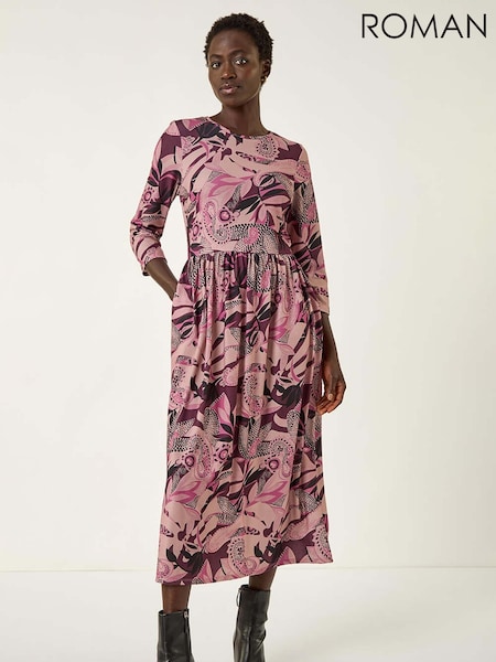 Roman Pink Floral Print Gathered Stretch Midi Dress (Y16141) | £45