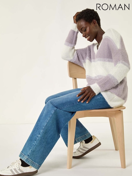 Roman Purple V-Neck Stripe Knit Jumper (Y16143) | £40