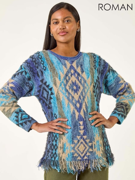Roman Blue Jacquard Tassel Trim Knit Jumper (Y16156) | £50