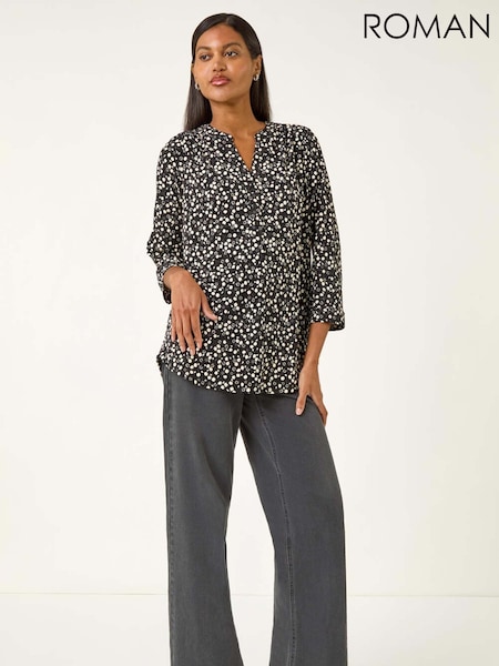 Roman Black Floral Puff Print Stretch Shirt (Y16189) | £42