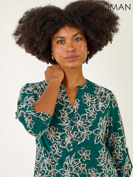 Roman Blue Floral Print Puff Stretch Blouse (Y16216) | £42