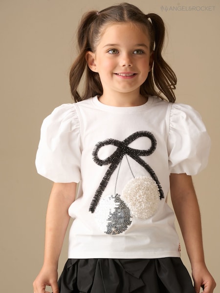 Angel & Rocket White Elodie Disco Ball Embellished Puff Sleeve T-Shirt (Y16323) | £16 - £20