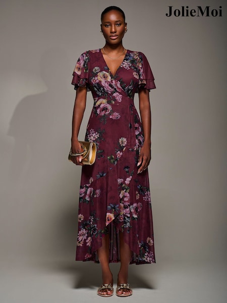 Jolie Moi Red Angel Sleeve Mesh Frill Wrap Maxi Dress (Y16646) | £85