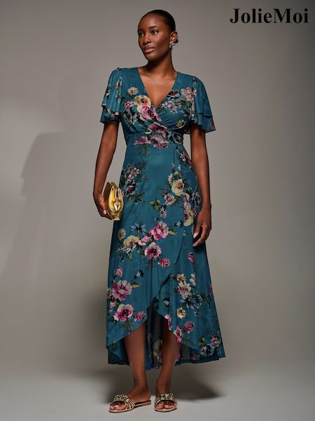 Jolie Moi Green Angel Sleeve Mesh Frill Wrap Maxi Dress (Y16651) | £85