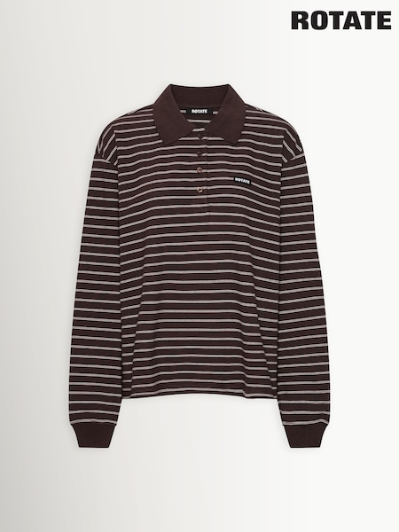 Rotate Brown Pique Longsleeve Stripe Polo Shirt (Y16677) | £115