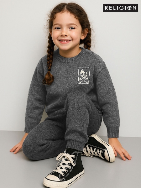 Religion Grey Skully Knitted Joggers With Small Skull & Crossbone Contrast Logo (Y16688) | £32