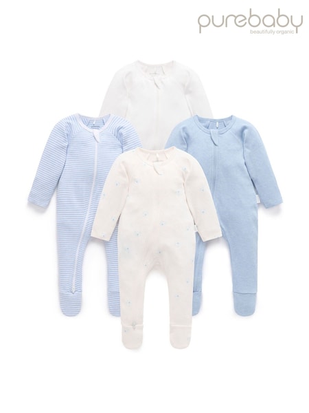 Purebaby Pale Blue Zip Sleepsuits 4 Pack (Y16828) | £52