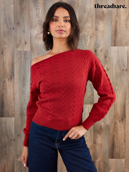 Threadbare Red Cable Knit Slash Neck Jumper (Y17152) | £26