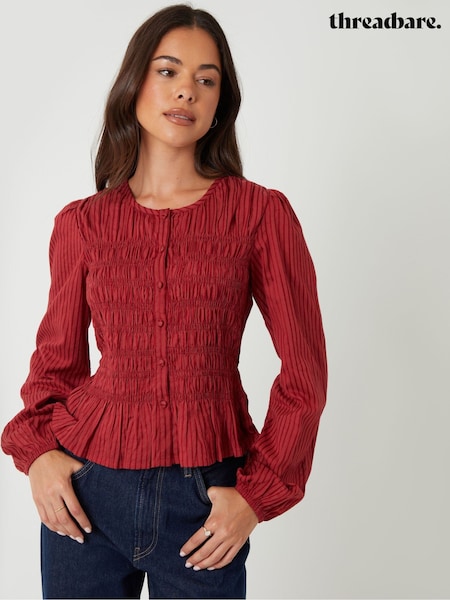 Threadbare Red Shirred Dobby Stripe Button Up Blouse (Y17155) | £34
