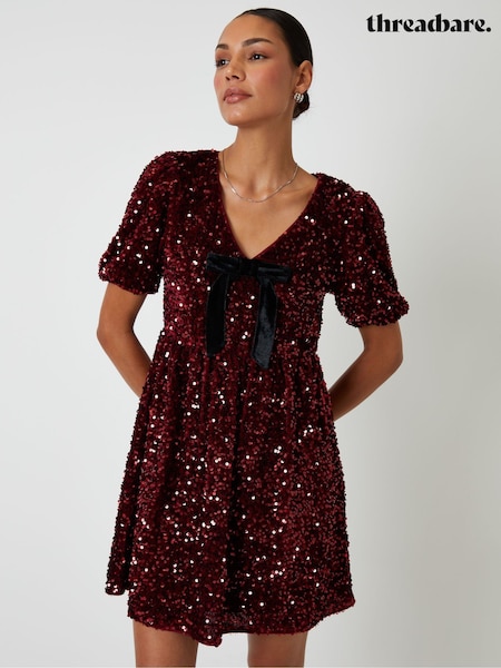 Threadbare Red Sequin Velour Bow Detail Mini Dress (Y17159) | £40