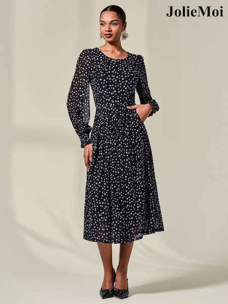 Jolie Moi Black Long Sleeve Mesh Midi Dress (Y17169) | £84