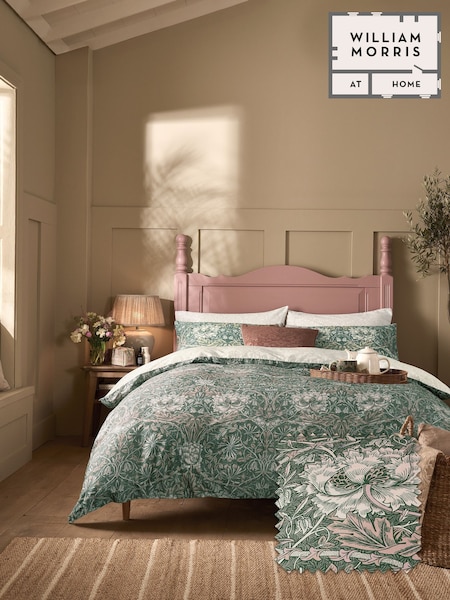 William Morris At Home Sage or Plaster Green Honeysuckle And Tulip 220 Thread Count Duvet Cover and Pillowcase Set (Y17195) | £70 - £125