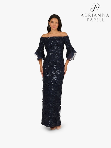 Adrianna Papell Blue Sequin Lace Combo Column Gown (Y17296) | £299