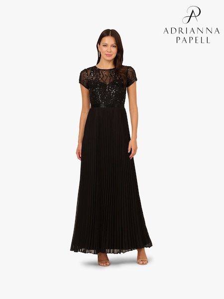 Adrianna Papell Bead Pleat Long Black Dress (Y17300) | £289