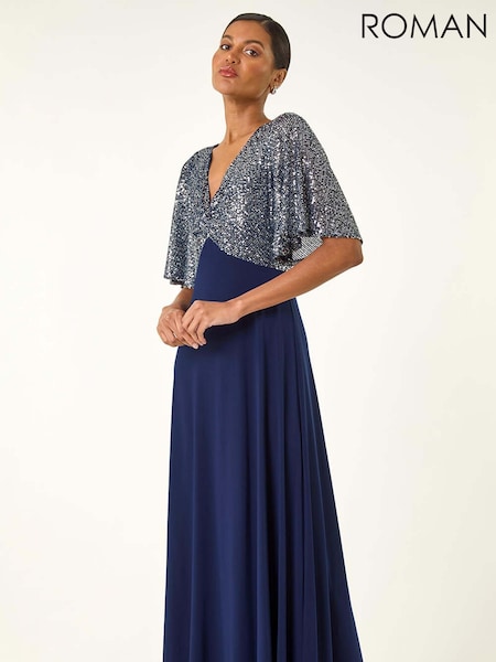 Roman Blue Sequin Flutter Sleeve Midi Dress (Y17306) | £80