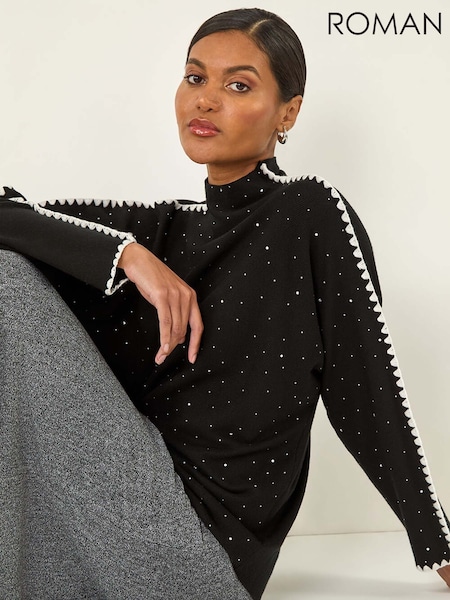 Roman Black Hotfix Blanket Stitch Knit Jumper (Y17307) | £40
