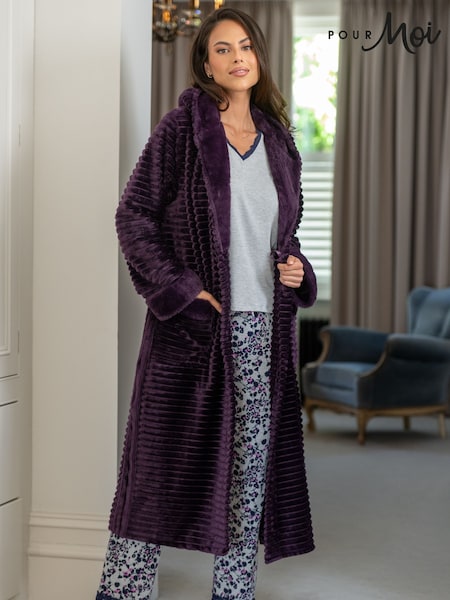 Pour Moi Purple Cosy Ribbed Fleece Midi Hooded Dressing Gown (Y17350) | £47