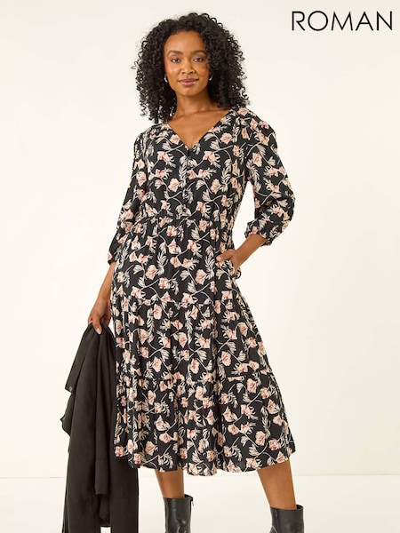 Roman Black Petite Floral Tiered Midi Dress (Y17414) | £50