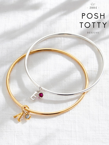 Posh Totty Designs Gold Tone Italic Initial & Birthstone Charm Bangle (Y17477) | £159