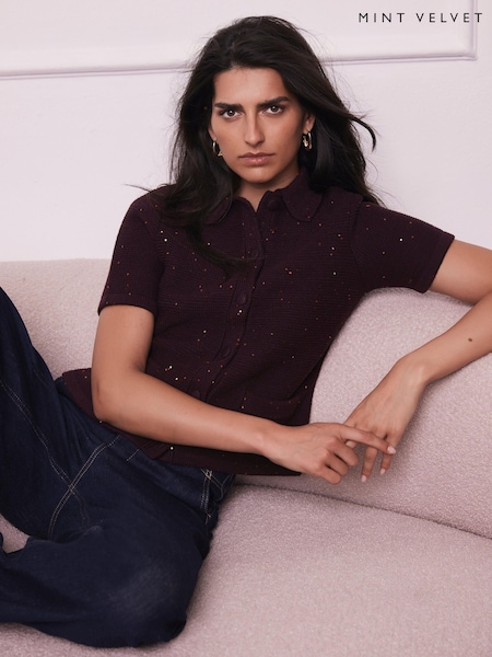 Mint Velvet Red Burgundy Sequin Cotton Blend Knit Cardigan (Y17753) | £89