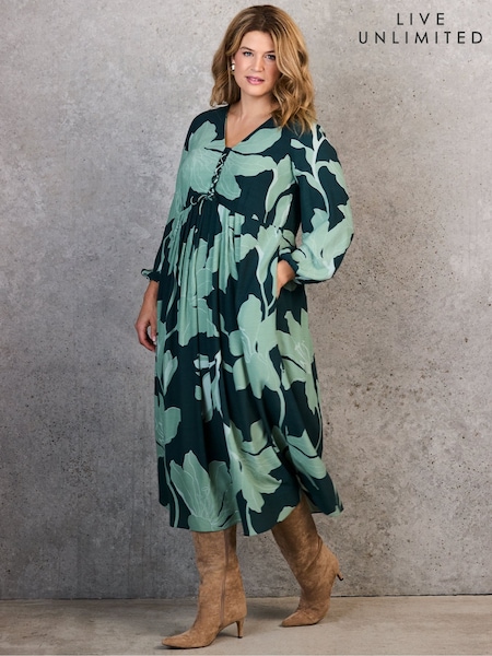Live Unlimited Green Floral Print Tie Front Midaxi Dress (Y17764) | £99