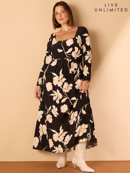 Live Unlimited Black Curve Floral Square Neck Pleat Skirt Midaxi Dress (Y17766) | £99