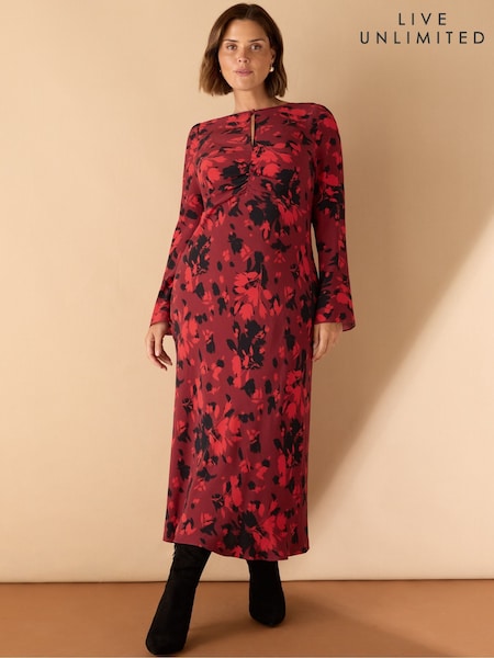 Live Unlimited Red Curve Abstract Print Ruched Front Maxi Dress (Y17794) | £99